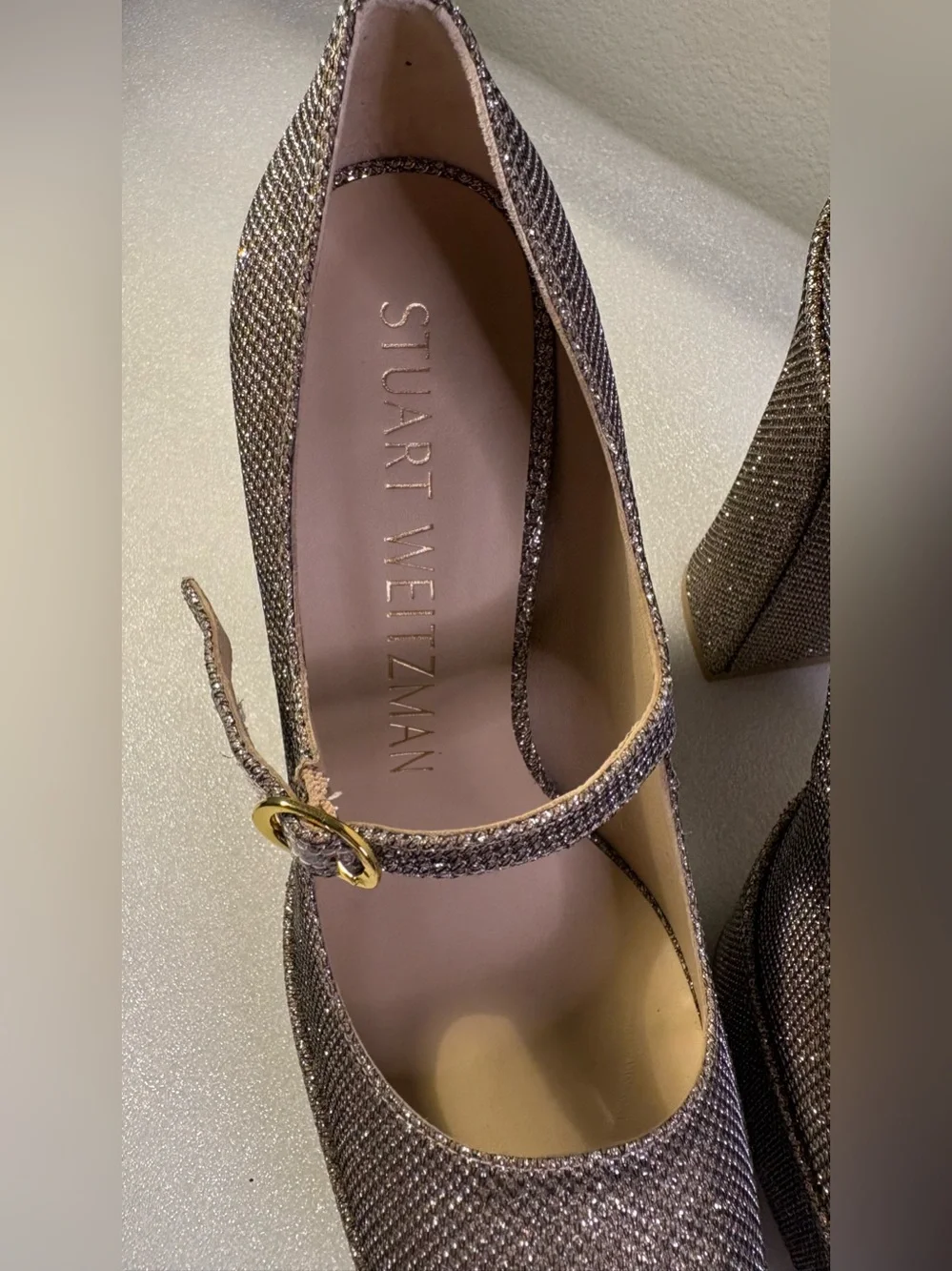 Stuart Weitzman Mary Jane Platform Heels Metallic Adobe Glitter 7 / 37.5